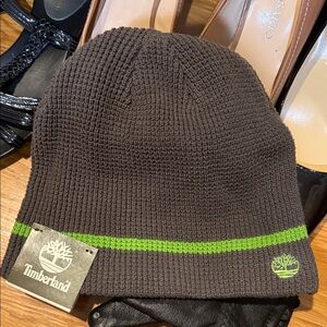 Timberland Dark Brown Beanie with Lime Green Stripe
